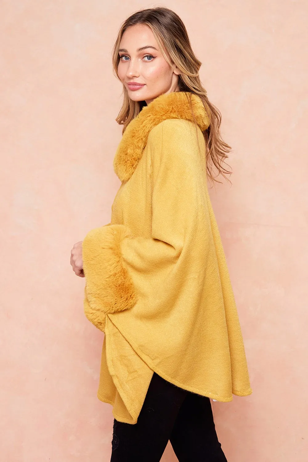 Batwing Sleeve Faux Fur Trimmed Poncho Sweater Cape