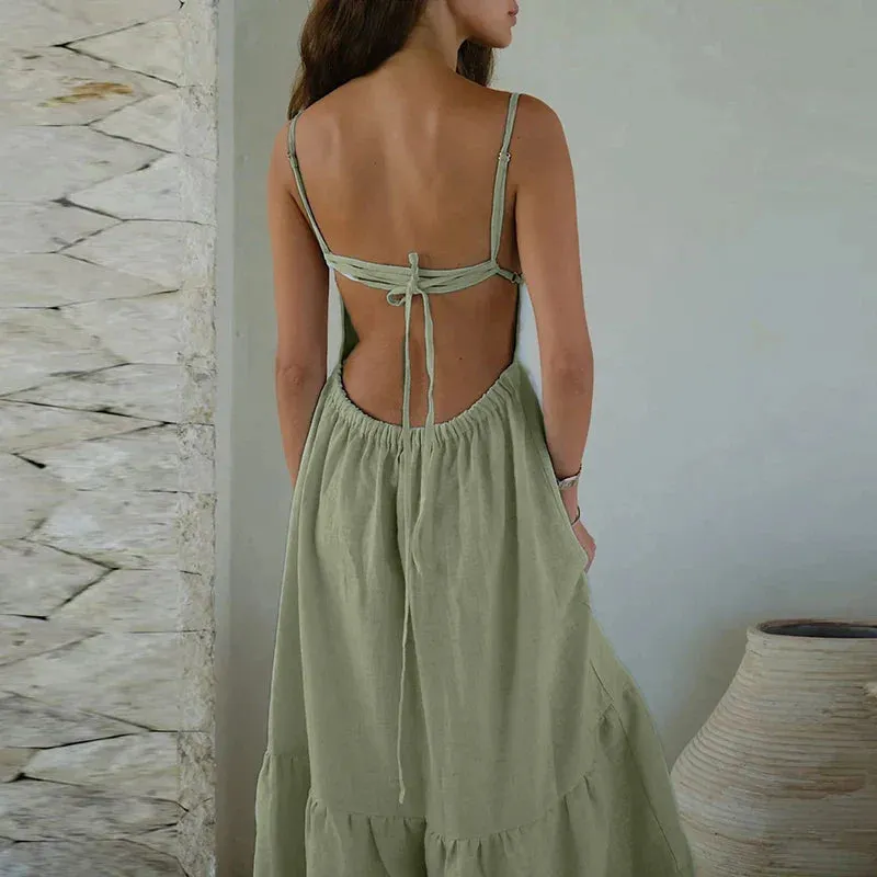 Big Backless Loose Cake Solid Color Suspender Beach High Waist Long Elegant Casual Dress