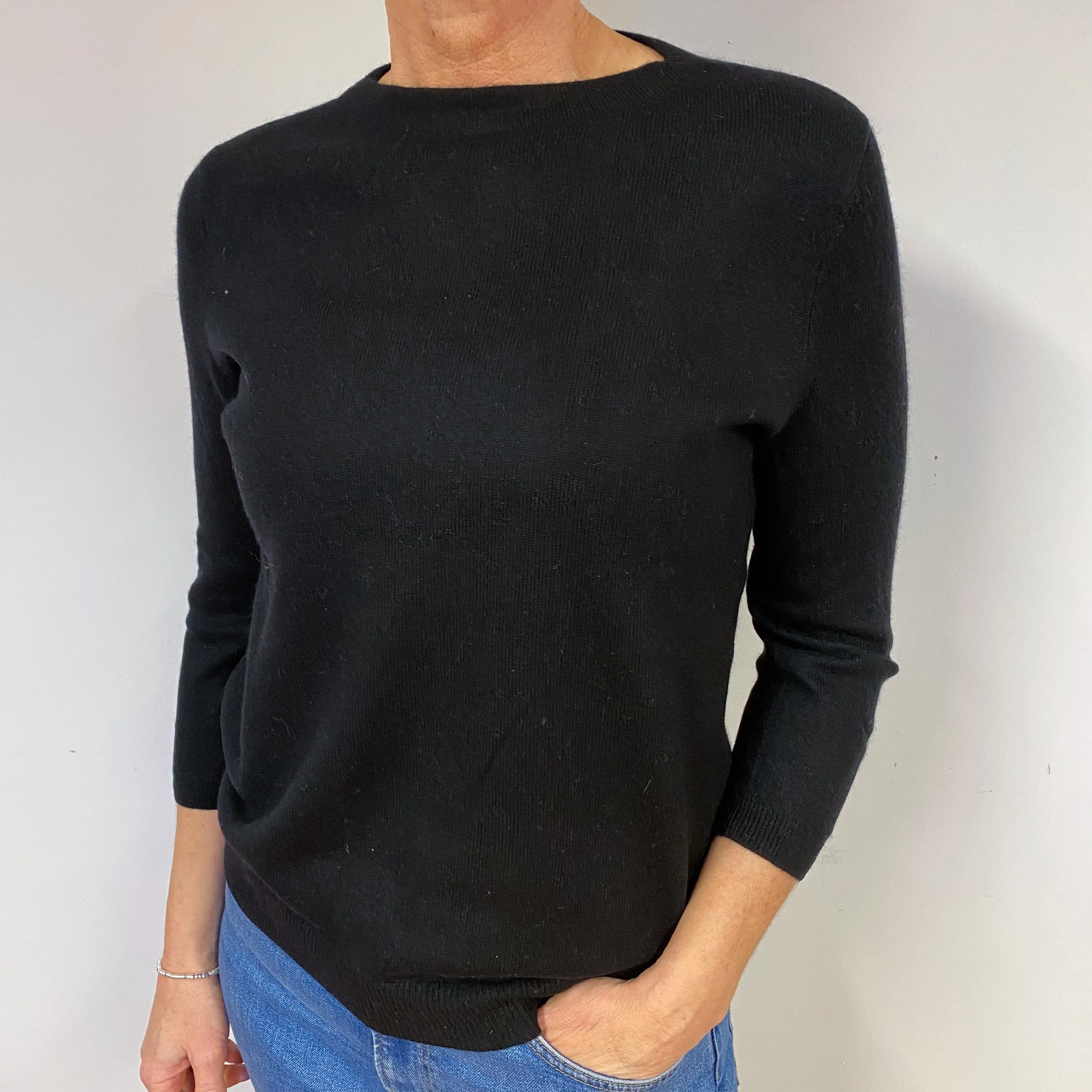 Black 3/4 Sleeve Cashmere Crew Neck Jumper Medium