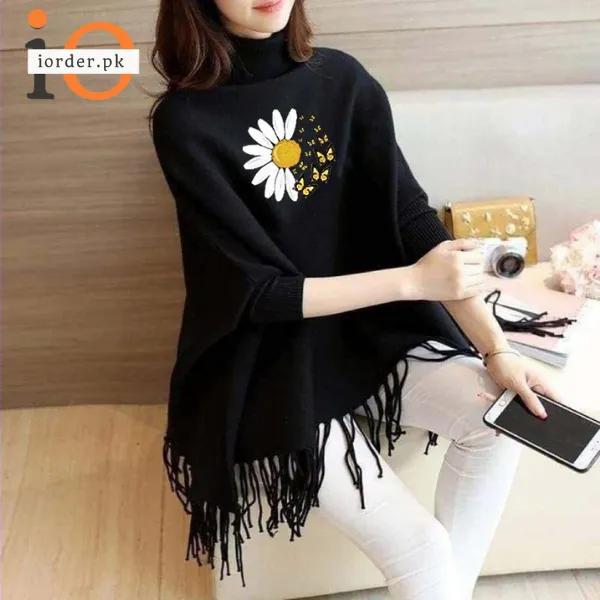 Black Daisy Flower Printed Poncho