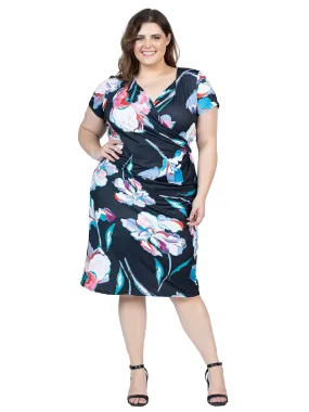 Black Floral Plus Size Knee Length Short Sleeve Faux Wrap Dress