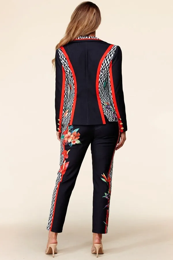 Black Flower Blazer Pant Suit Set