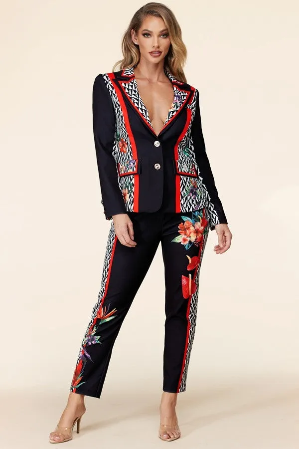 Black Flower Blazer Pant Suit Set