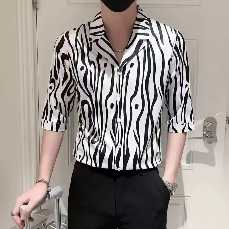 Black printed satin shirt three-fourth sleeve shirt for men