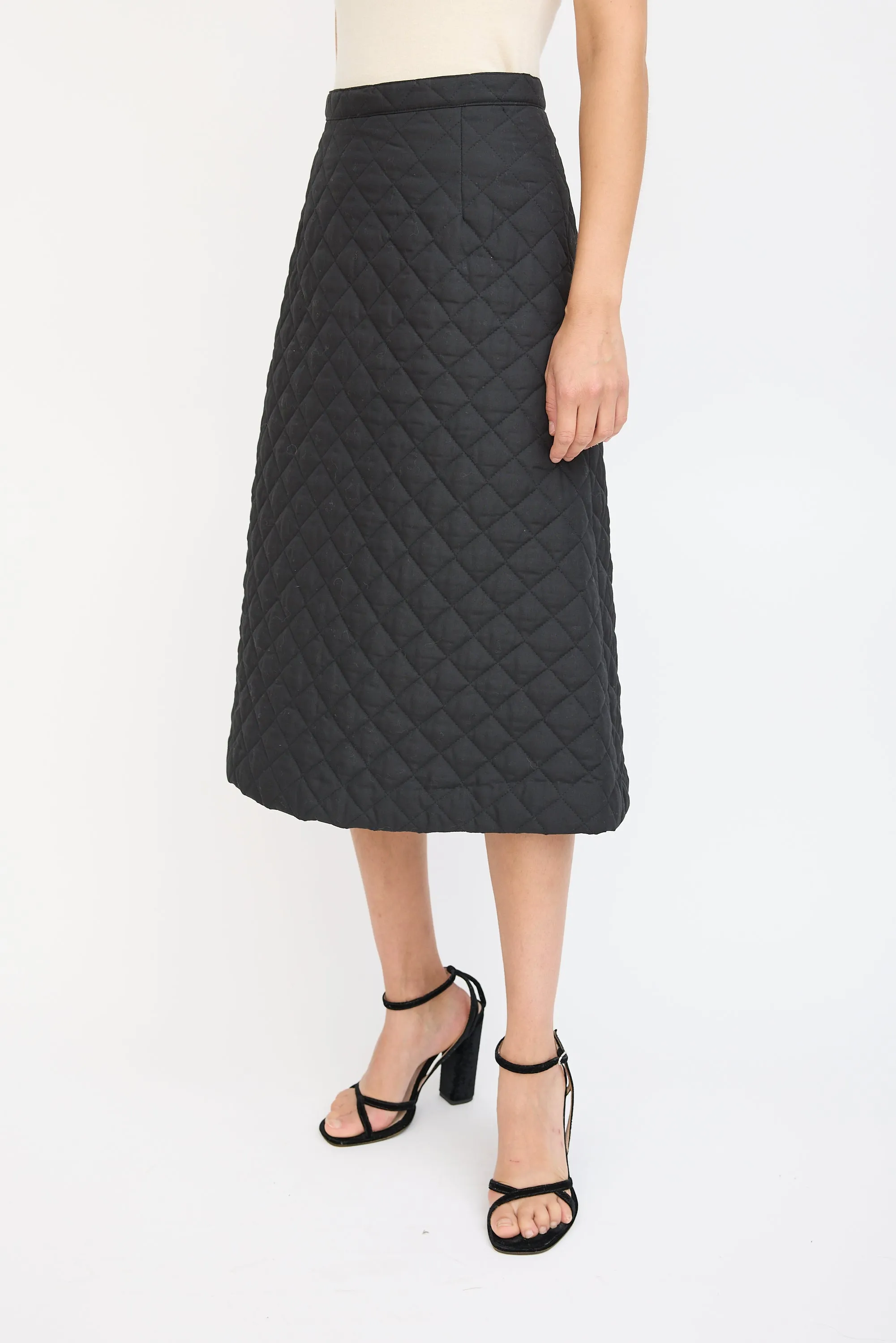 Black Quilted A-Line Midi Skirt