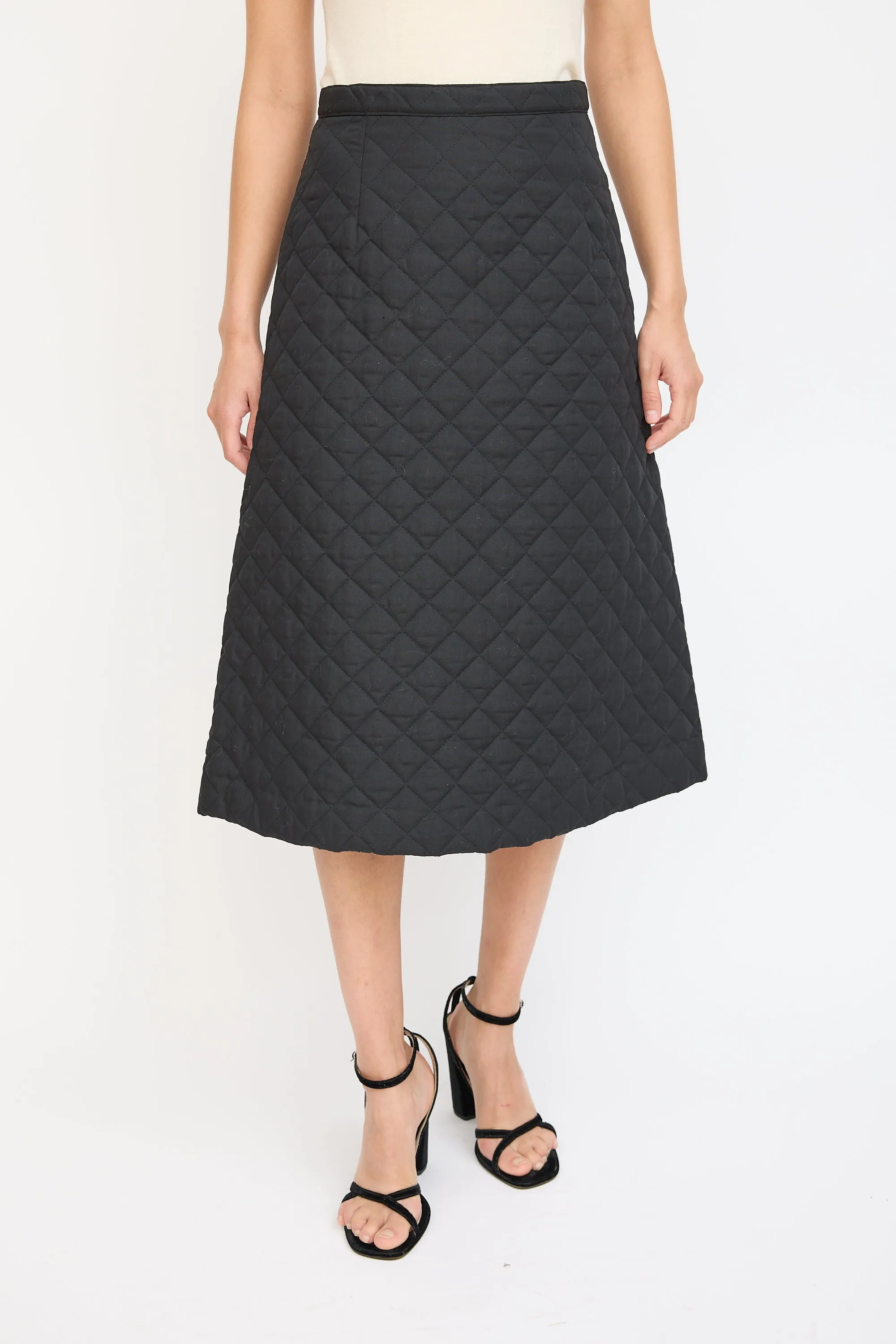 Black Quilted A-Line Midi Skirt