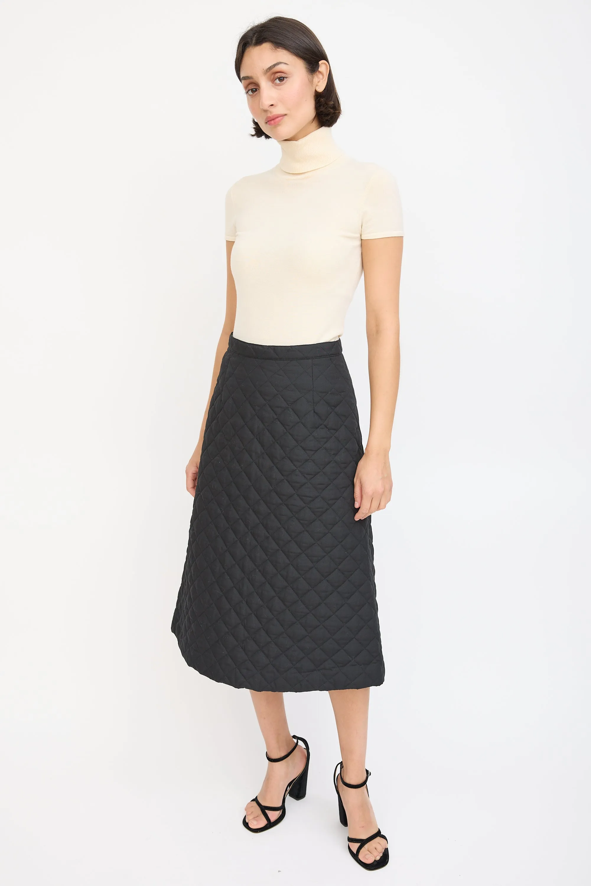 Black Quilted A-Line Midi Skirt