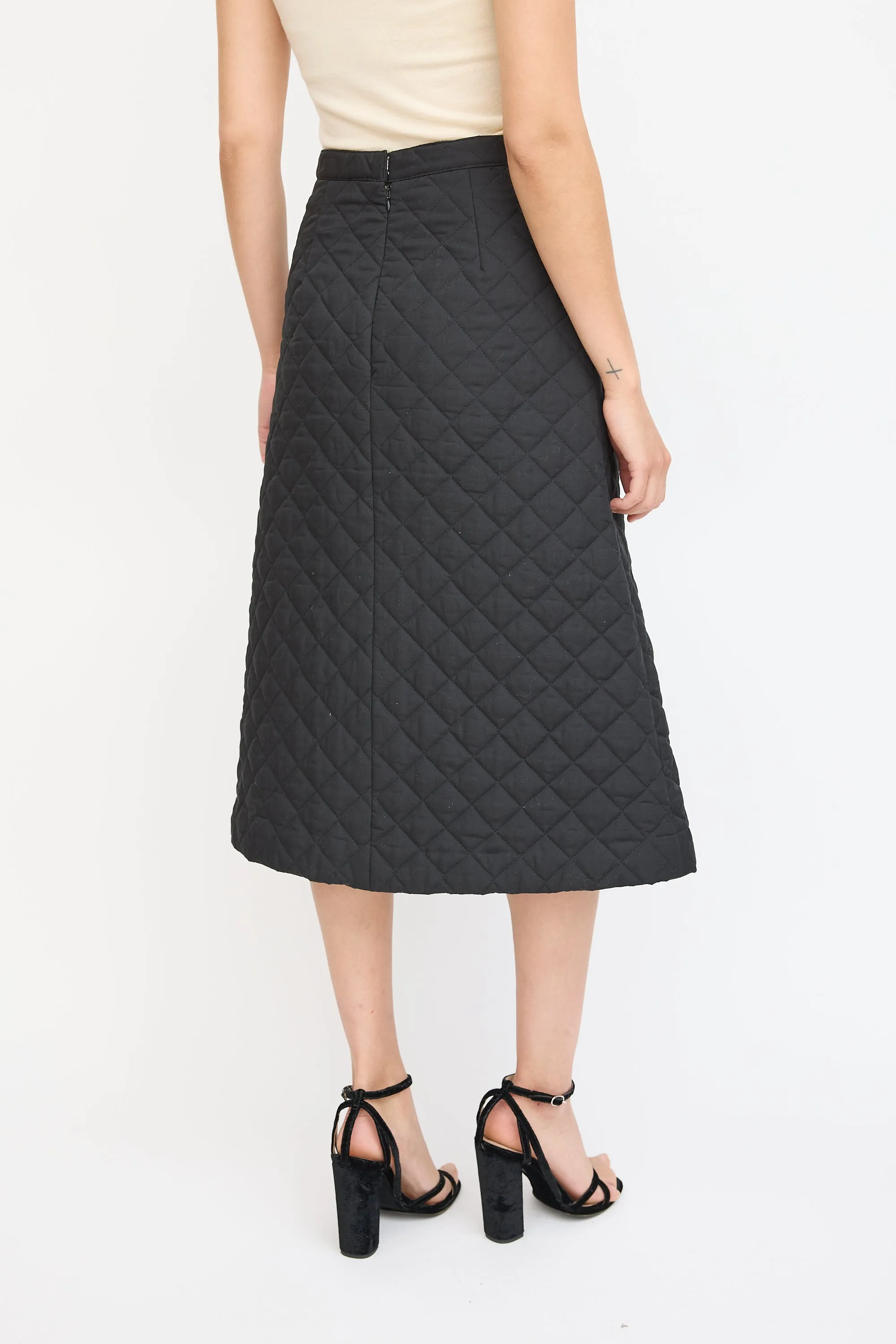 Black Quilted A-Line Midi Skirt