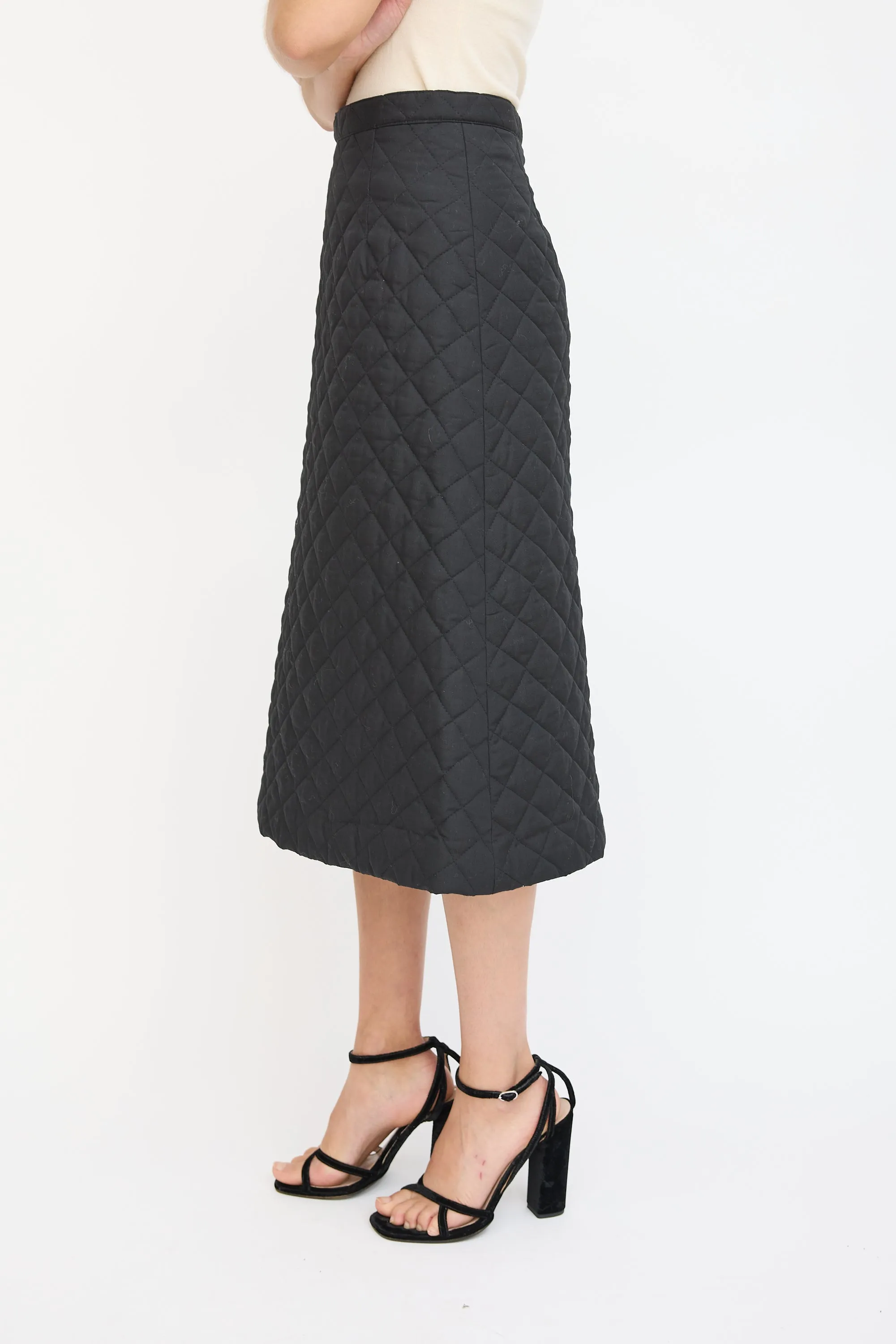 Black Quilted A-Line Midi Skirt