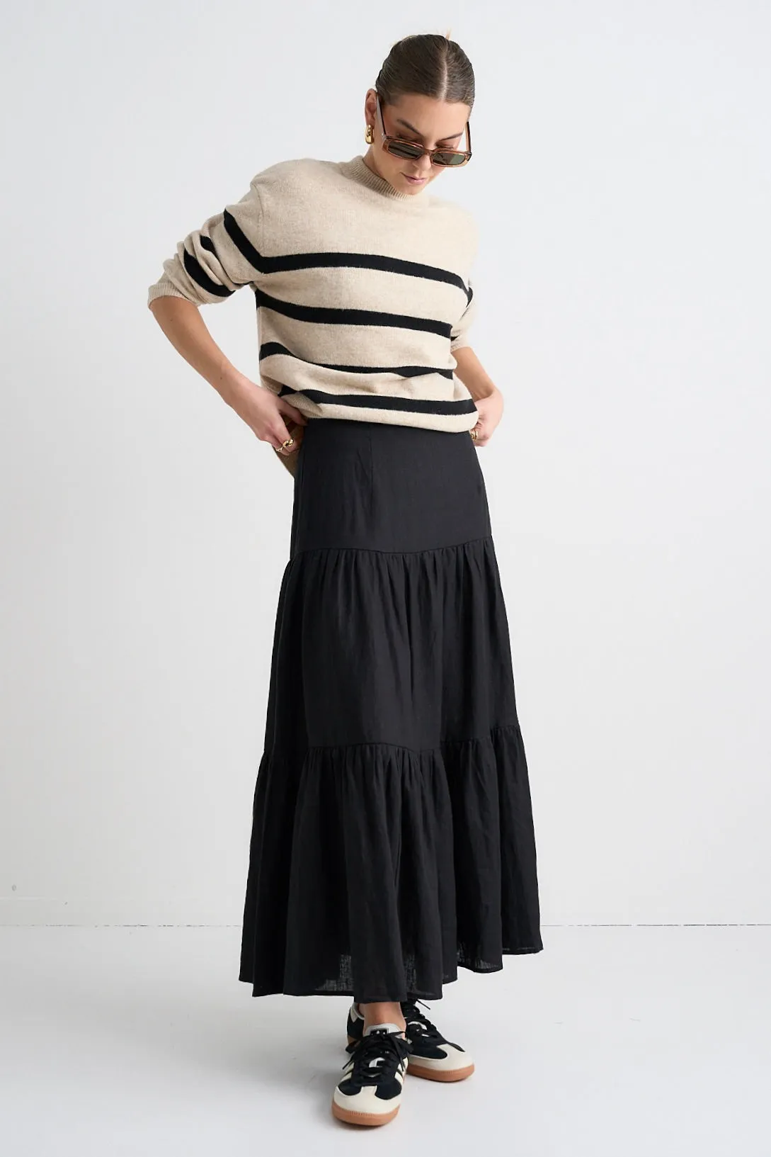 Blazing Black Tiered Linen Midi Skirt