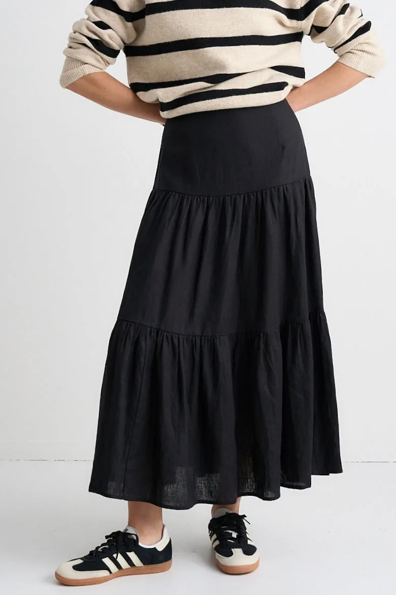 Blazing Black Tiered Linen Midi Skirt