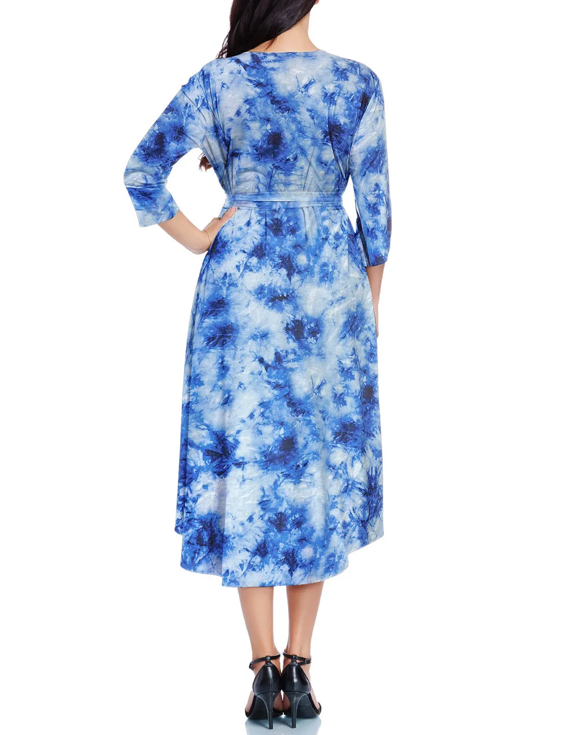 Blue Tie-Dye High-Low Plus Size Wrap Skater Dress