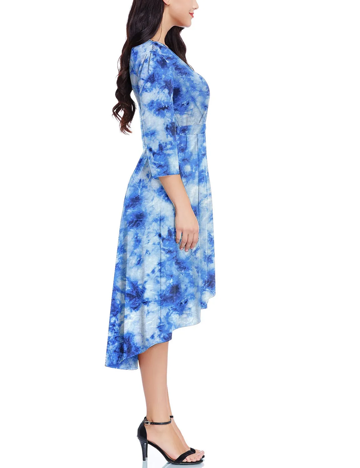 Blue Tie-Dye High-Low Plus Size Wrap Skater Dress