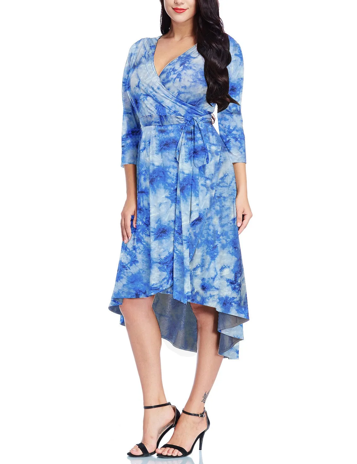 Blue Tie-Dye High-Low Plus Size Wrap Skater Dress