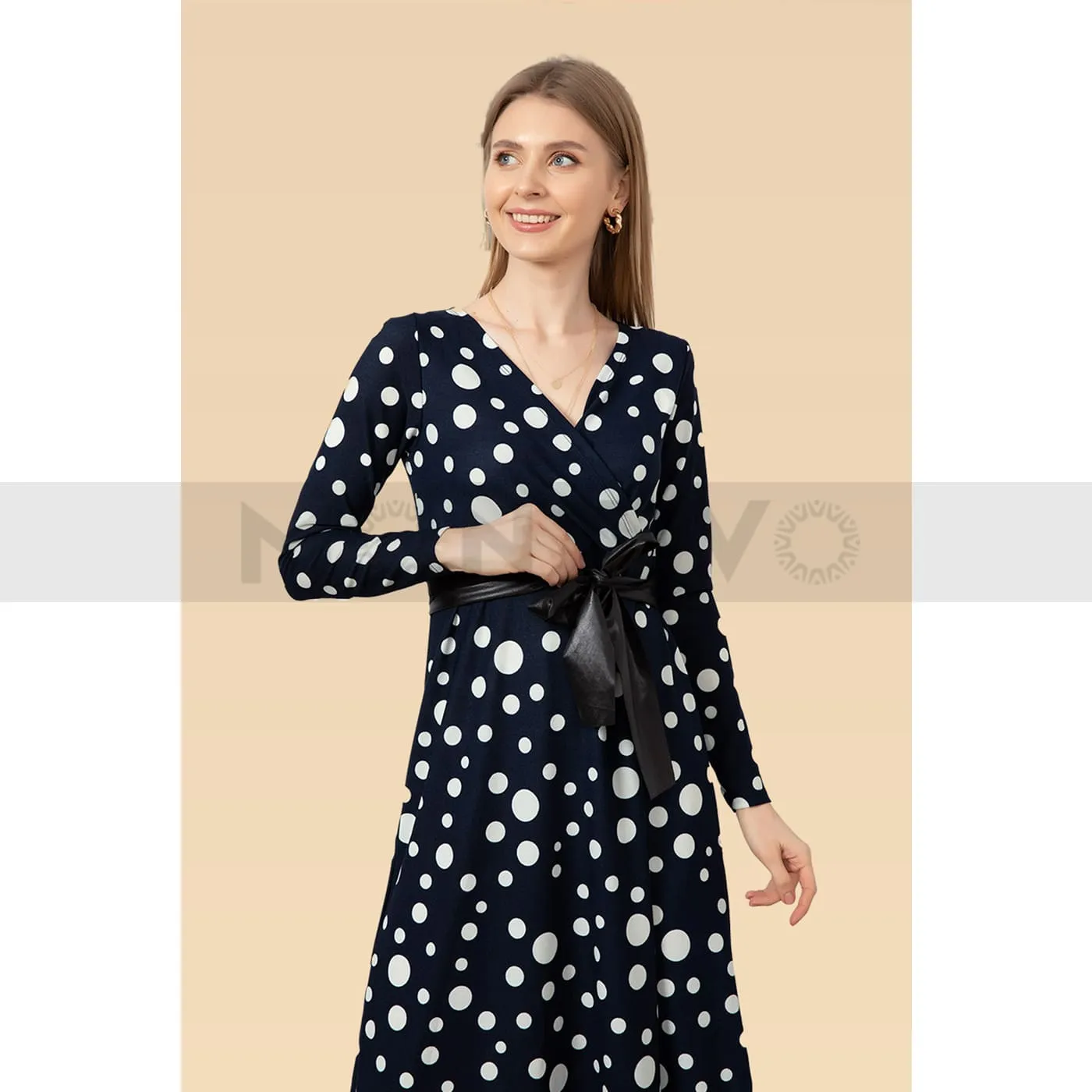 Blue Wrap Belted Polka Dot Dress