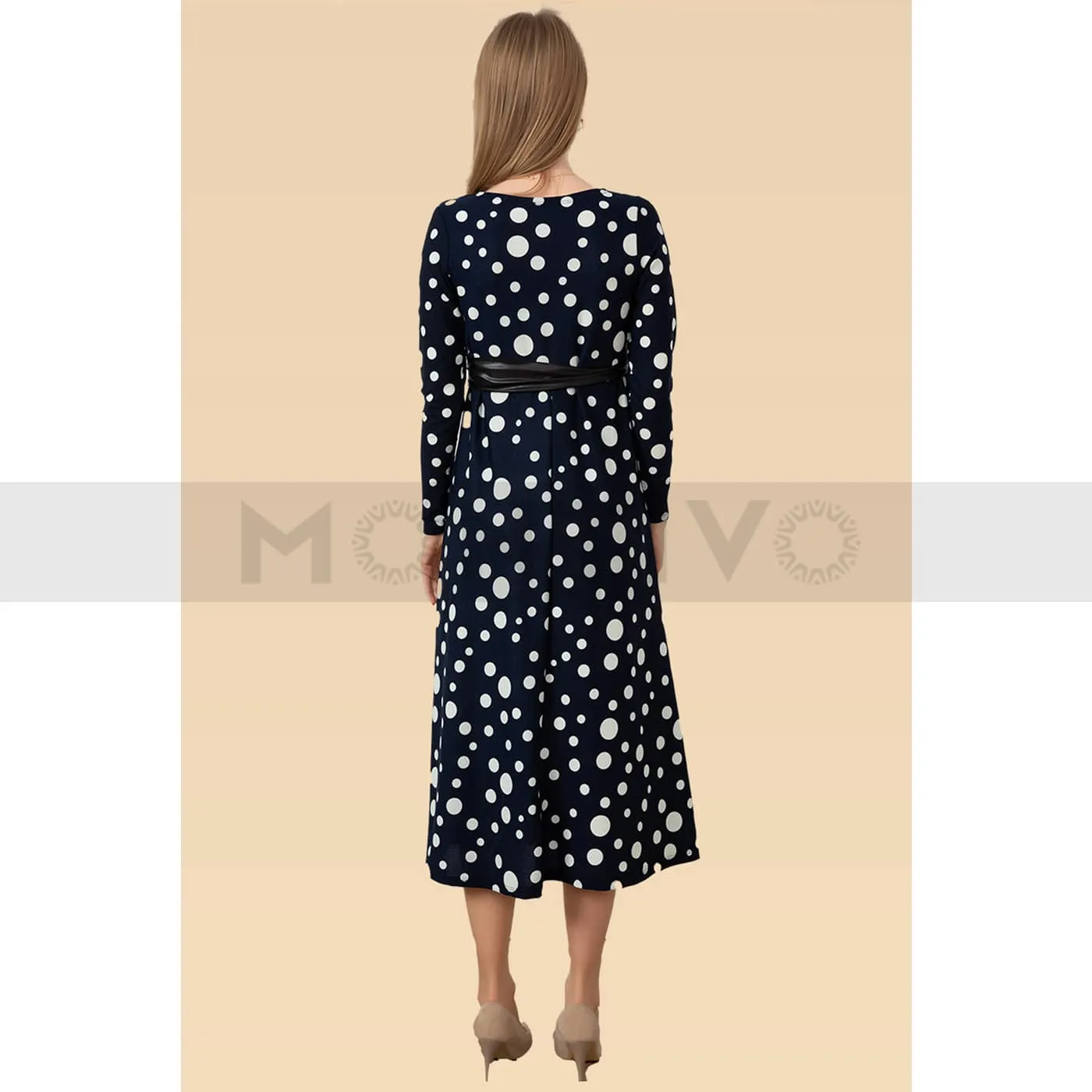 Blue Wrap Belted Polka Dot Dress