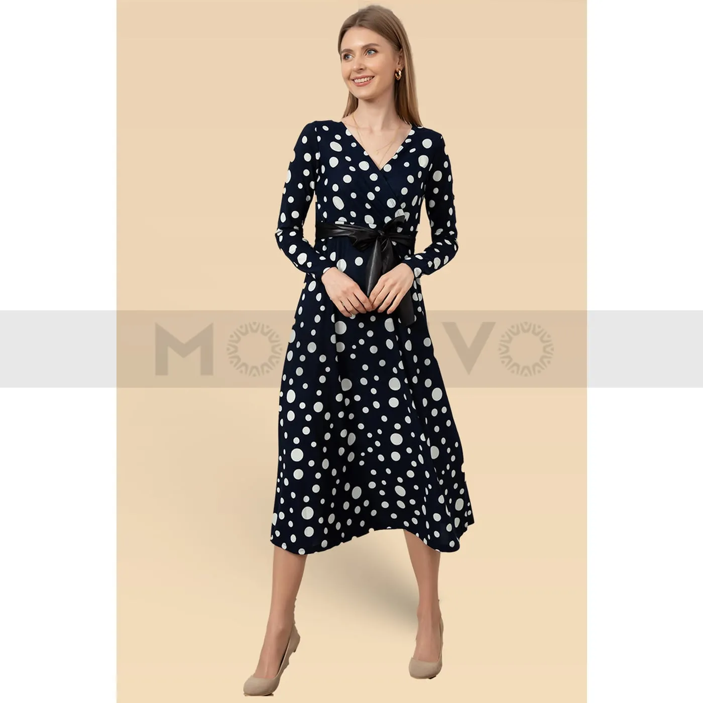 Blue Wrap Belted Polka Dot Dress