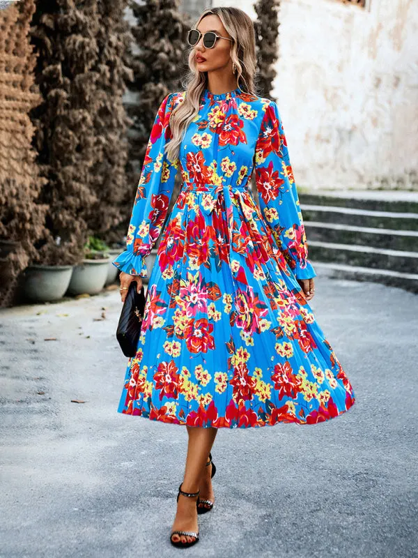 Bohemian Bell Sleeve Round Neck Pleated Midi Dress