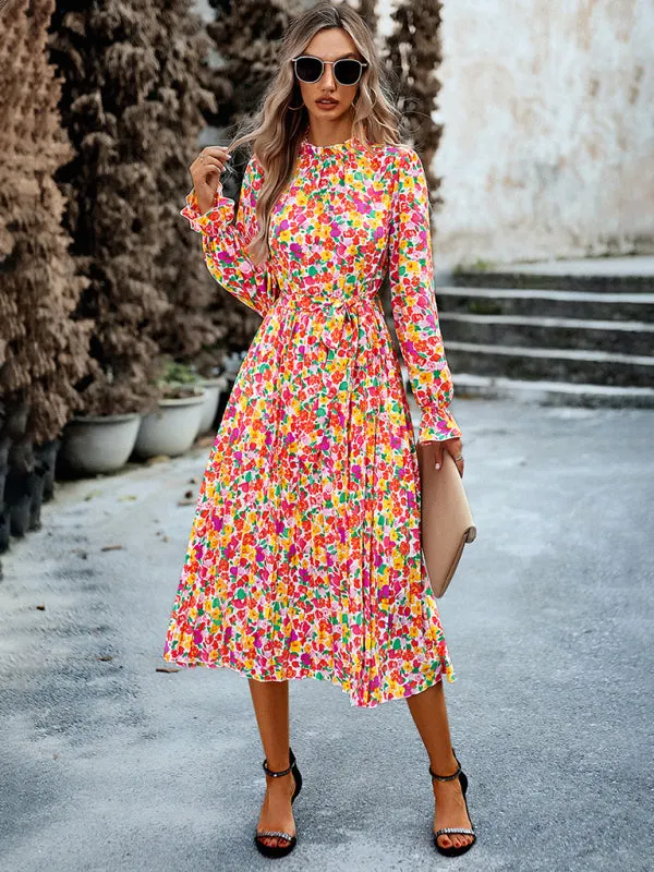 Bohemian Bell Sleeve Round Neck Pleated Midi Dress