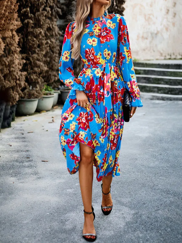 Bohemian Bell Sleeve Round Neck Pleated Midi Dress