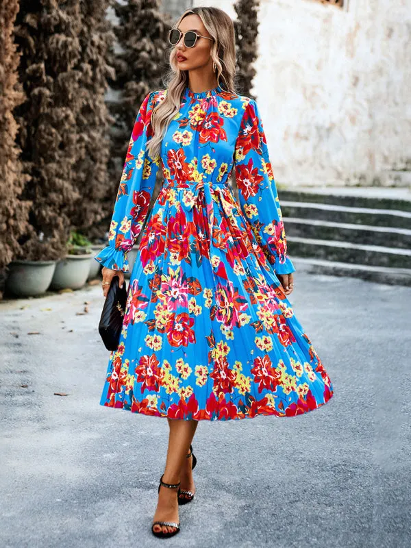 Bohemian Bell Sleeve Round Neck Pleated Midi Dress