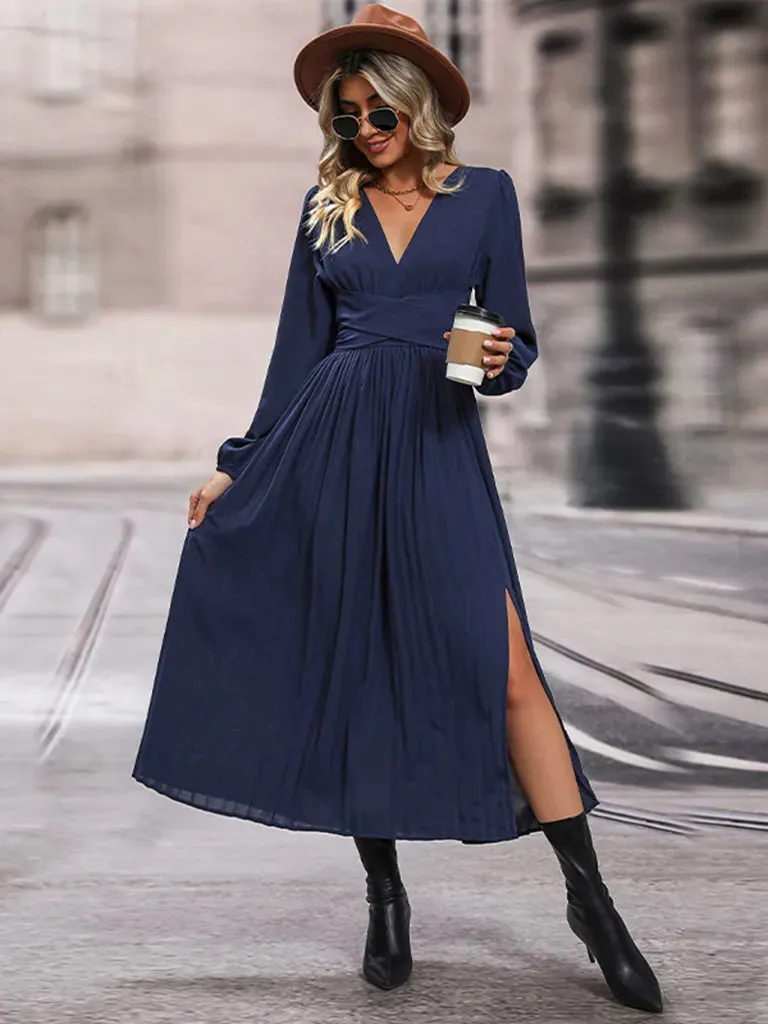 Bohemian Empire Waist Royal Blue Slit Long Sleeve Dress