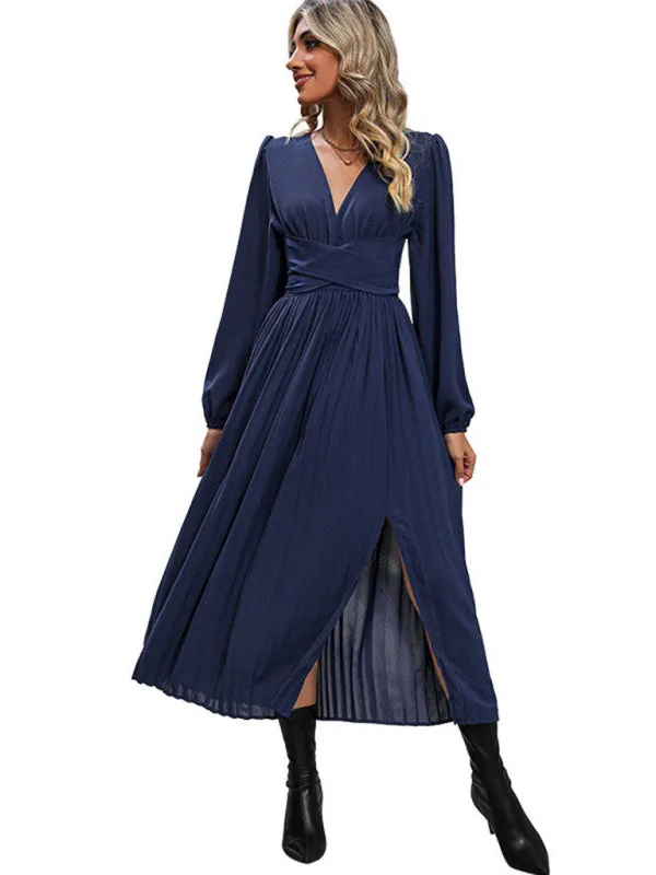 Bohemian Empire Waist Royal Blue Slit Long Sleeve Dress