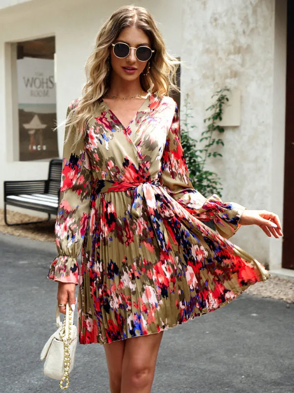 Bohemian Fall Floral Long Sleeve Pleated Wrap Dress