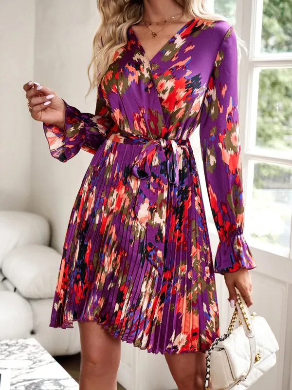 Bohemian Fall Floral Long Sleeve Pleated Wrap Dress