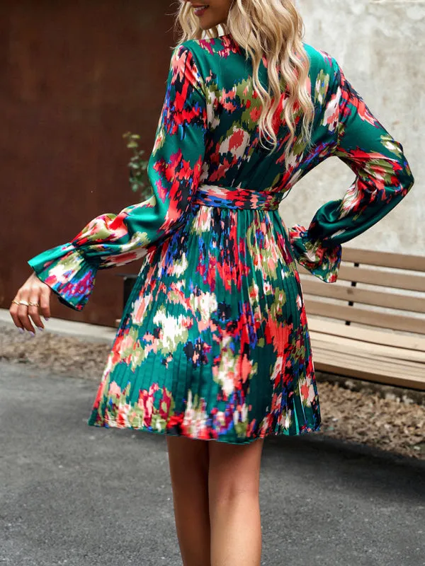 Bohemian Fall Floral Long Sleeve Pleated Wrap Dress