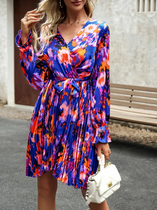 Bohemian Fall Floral Long Sleeve Pleated Wrap Dress