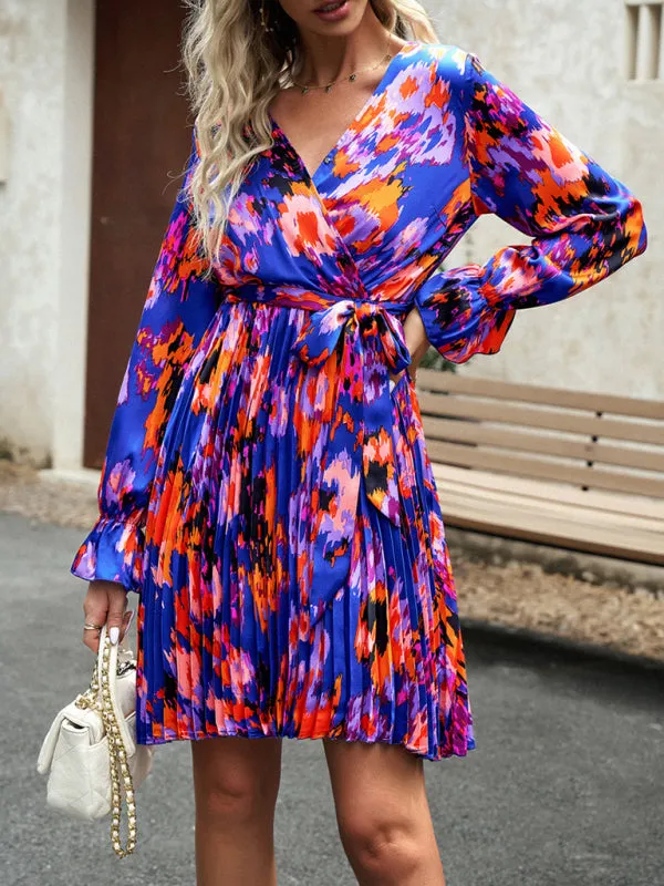 Bohemian Fall Floral Long Sleeve Pleated Wrap Dress