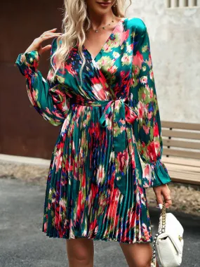 Bohemian Fall Floral Long Sleeve Pleated Wrap Dress