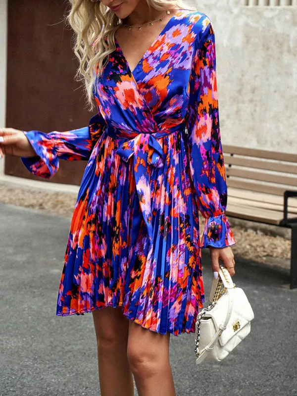 Bohemian Fall Floral Long Sleeve Pleated Wrap Dress