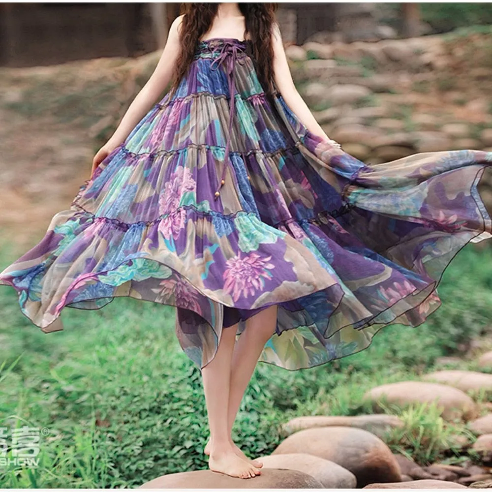 Bohemian Floral Printed Mid-Calf Pleated Chiffon Skirt