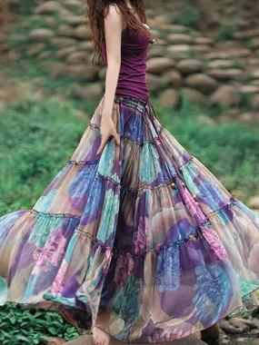 Bohemian Floral Printed Mid-Calf Pleated Chiffon Skirt