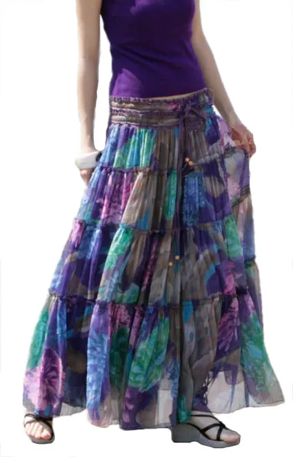 Bohemian Floral Printed Mid-Calf Pleated Chiffon Skirt