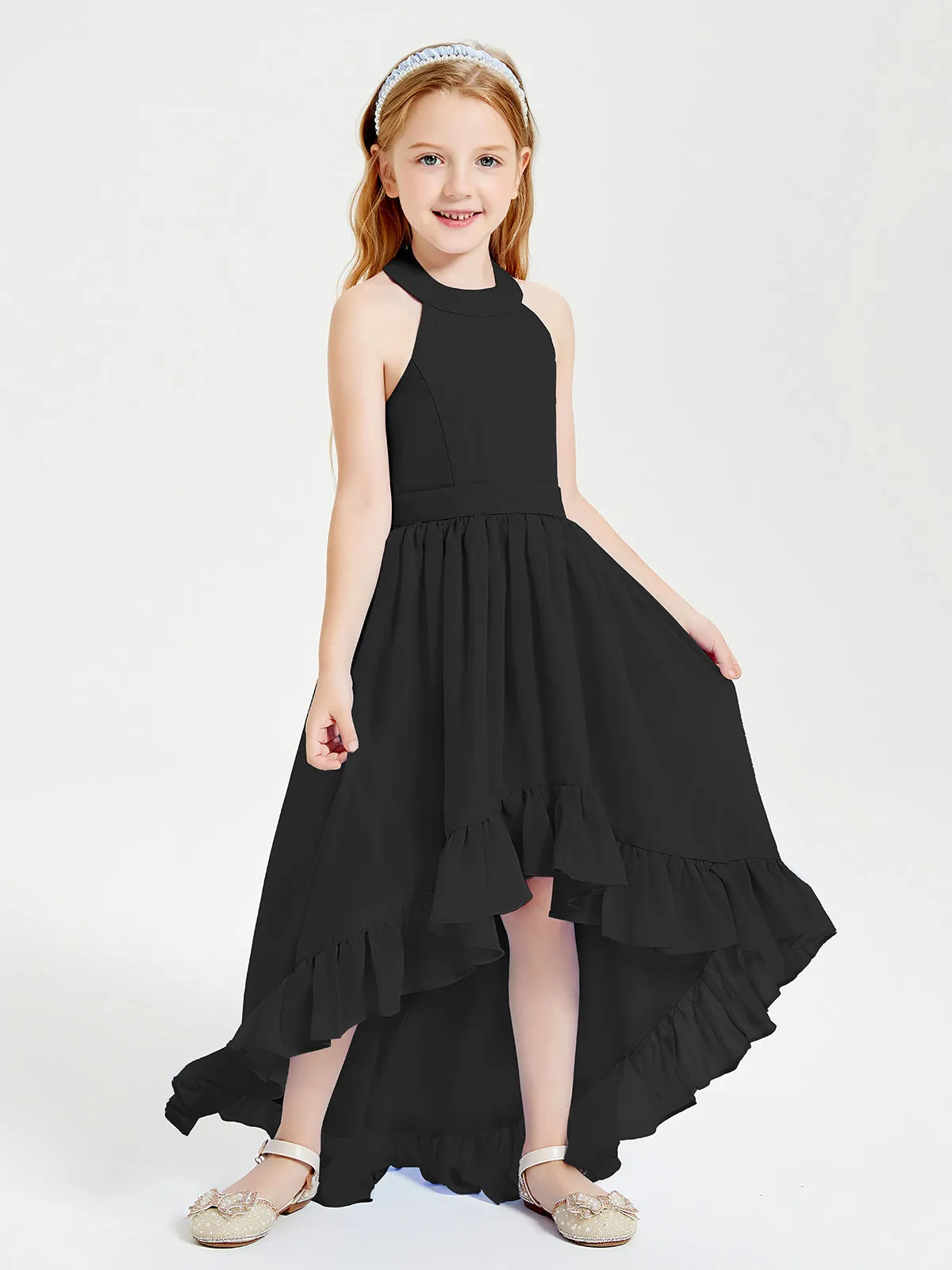 Boho Junior Bridesmaid Dresses Asymmetrical Cascading Skirt Black