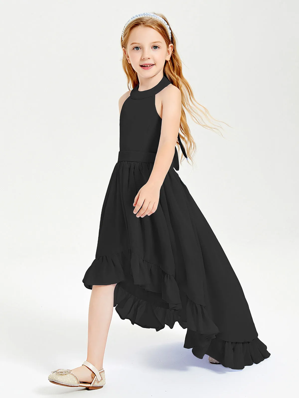 Boho Junior Bridesmaid Dresses Asymmetrical Cascading Skirt Black