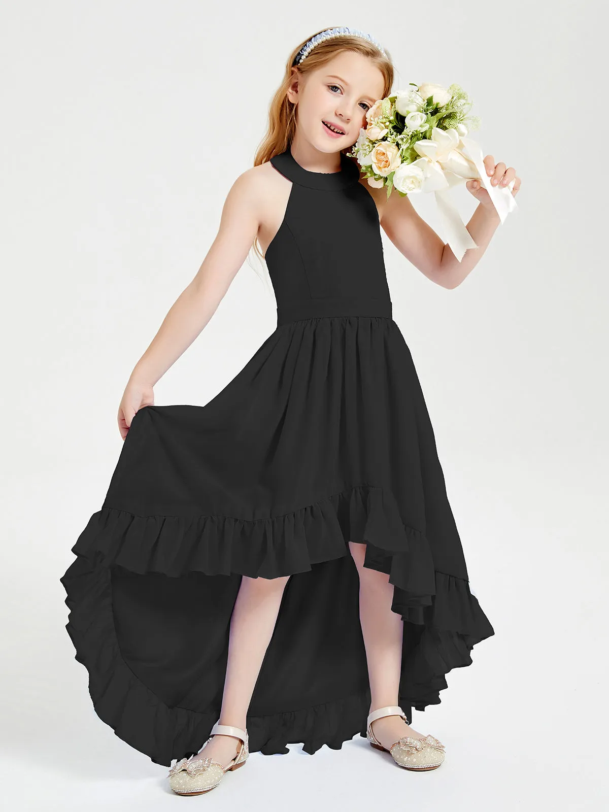 Boho Junior Bridesmaid Dresses Asymmetrical Cascading Skirt Black