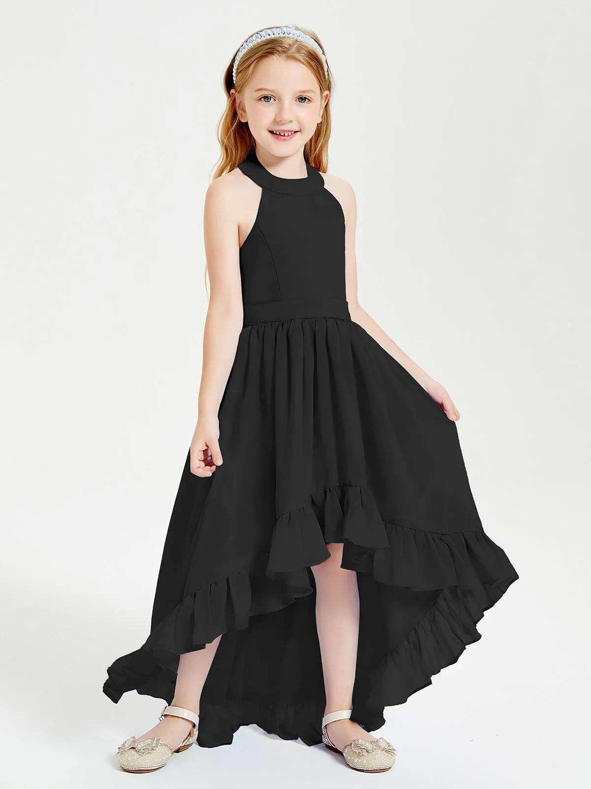 Boho Junior Bridesmaid Dresses Asymmetrical Cascading Skirt Black