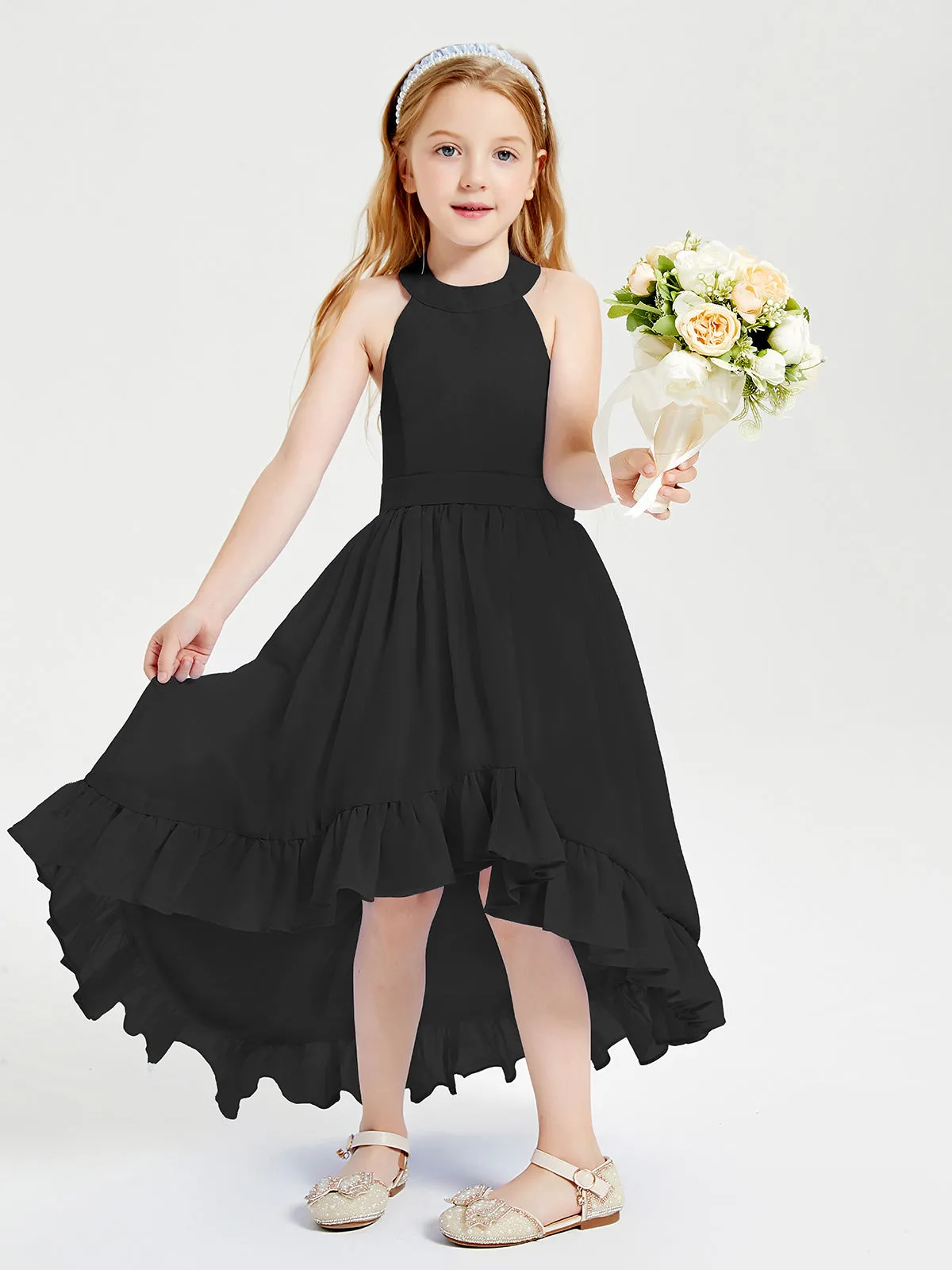 Boho Junior Bridesmaid Dresses Asymmetrical Cascading Skirt Black