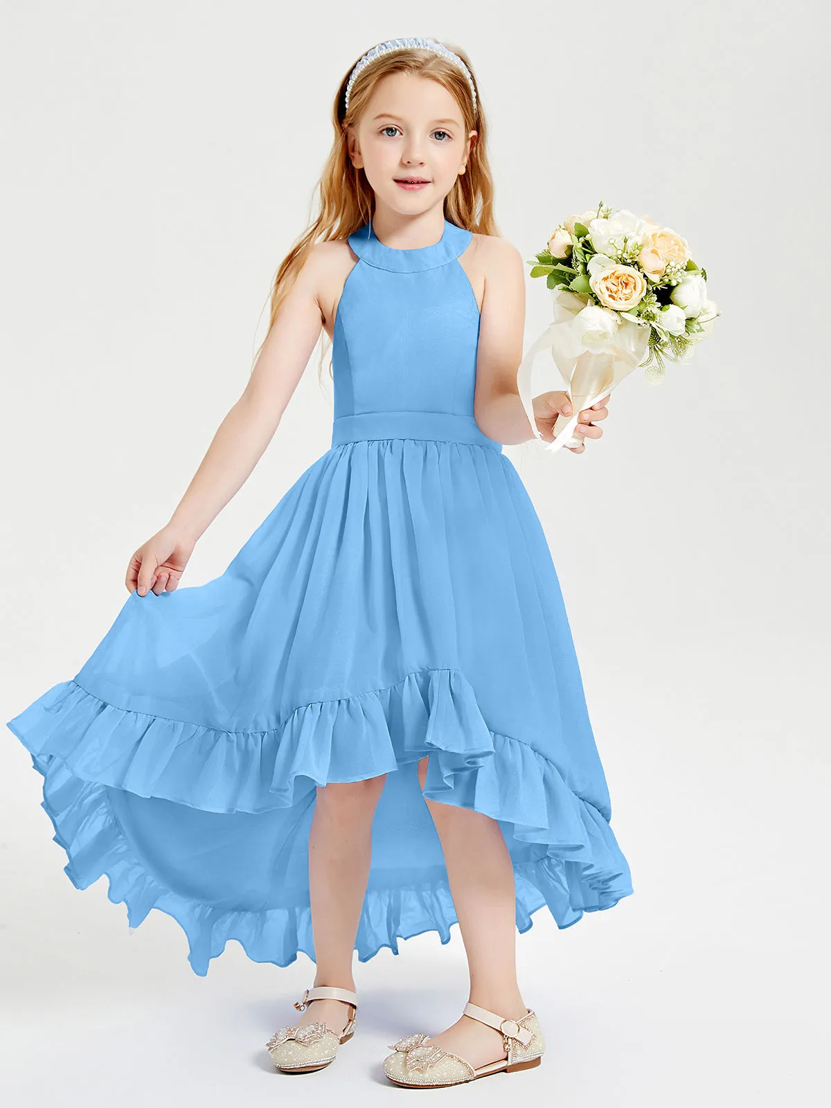 Boho Junior Bridesmaid Dresses Asymmetrical Cascading Skirt Blue