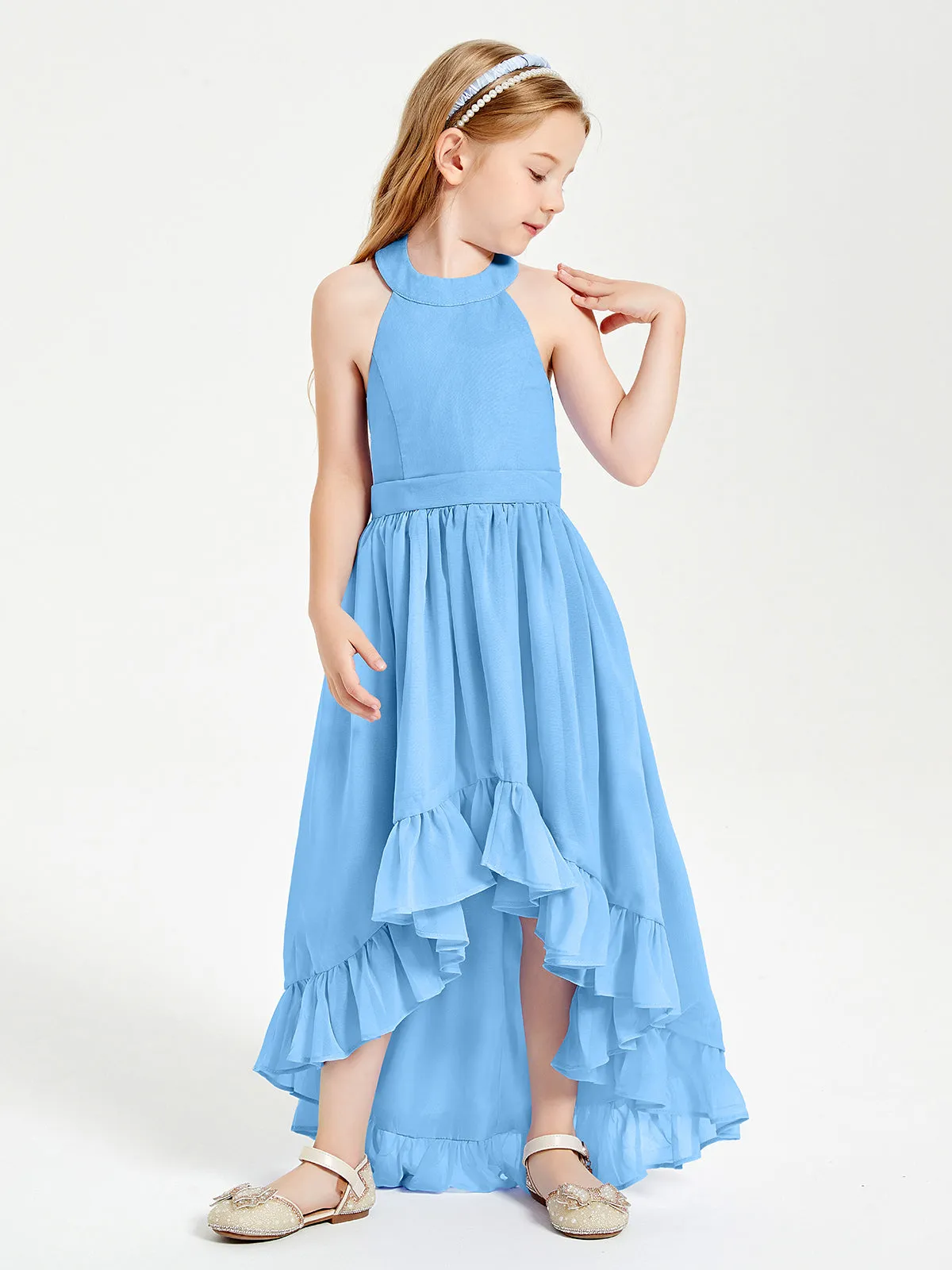 Boho Junior Bridesmaid Dresses Asymmetrical Cascading Skirt Blue