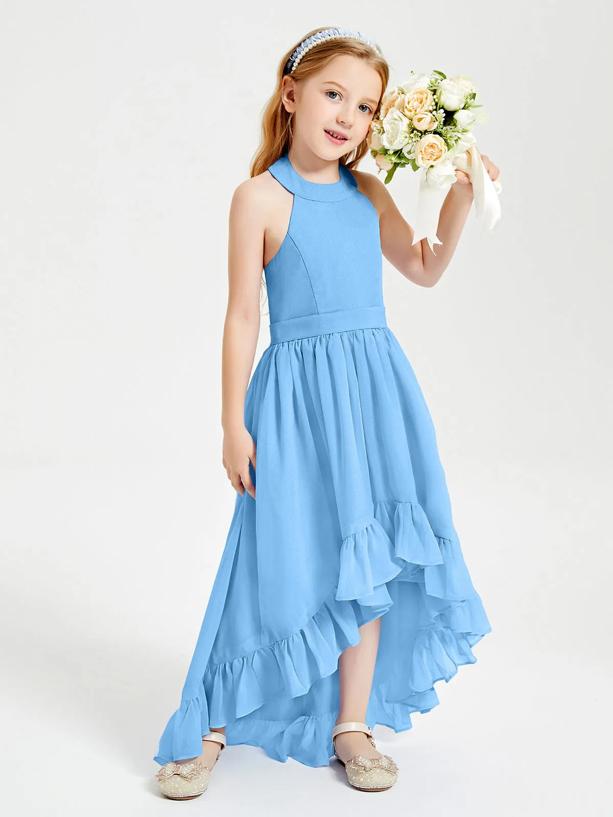 Boho Junior Bridesmaid Dresses Asymmetrical Cascading Skirt Blue