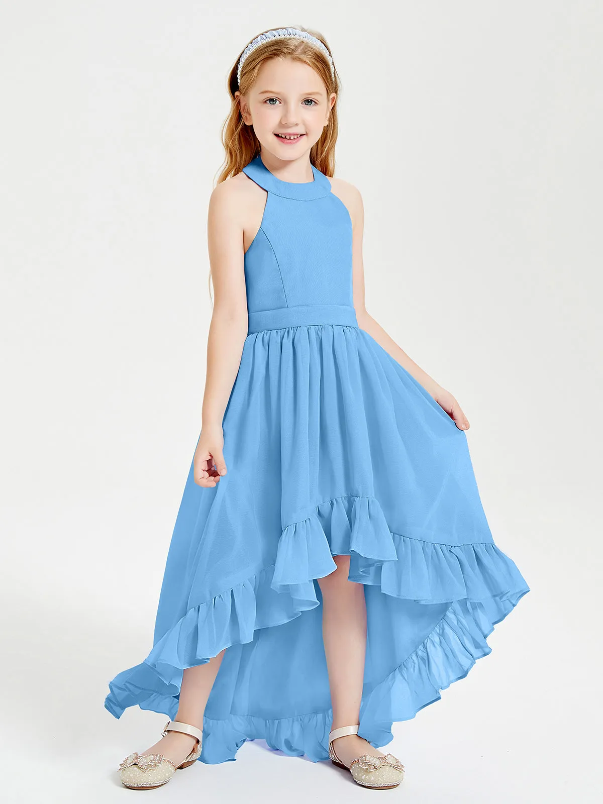 Boho Junior Bridesmaid Dresses Asymmetrical Cascading Skirt Blue