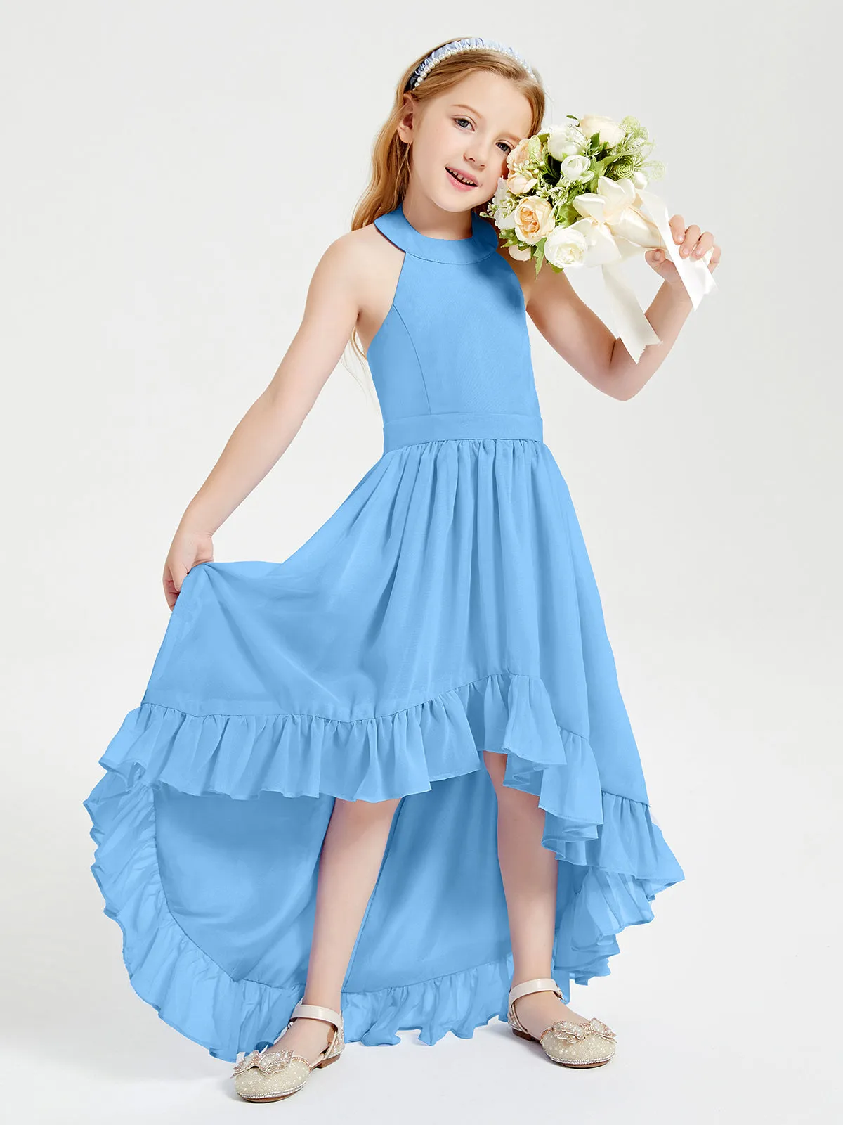 Boho Junior Bridesmaid Dresses Asymmetrical Cascading Skirt Blue