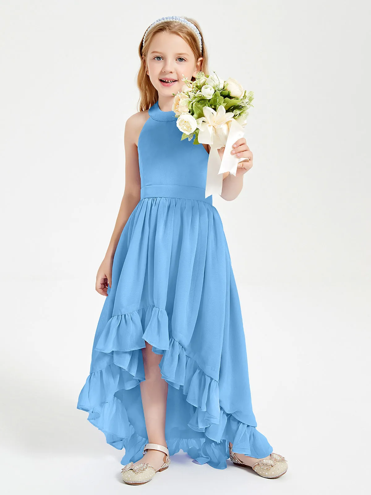 Boho Junior Bridesmaid Dresses Asymmetrical Cascading Skirt Blue