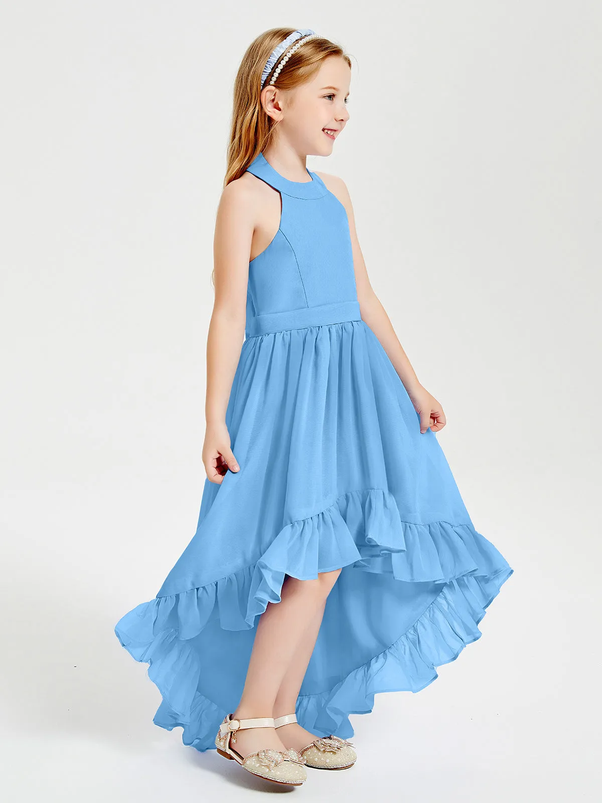 Boho Junior Bridesmaid Dresses Asymmetrical Cascading Skirt Blue