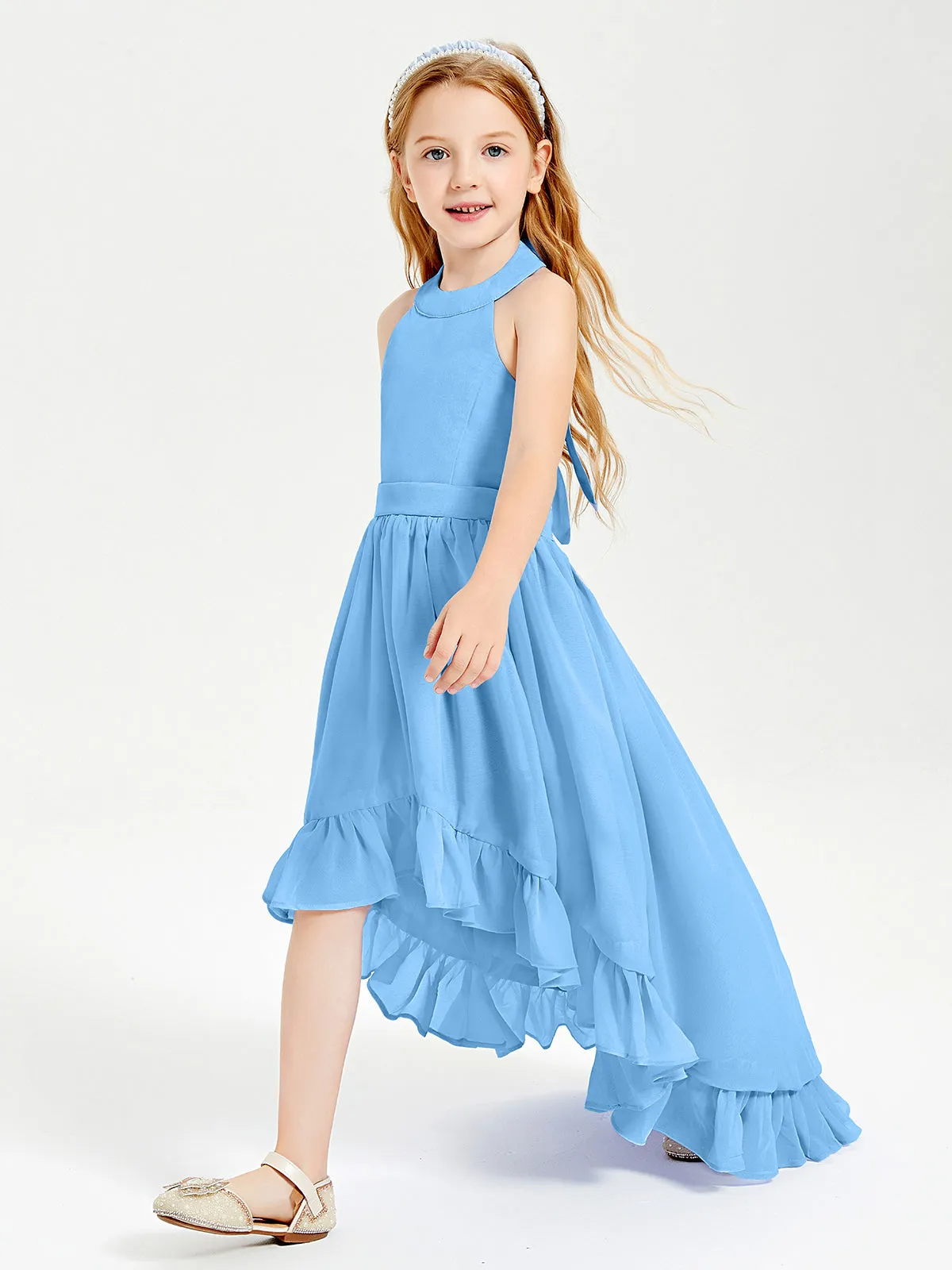 Boho Junior Bridesmaid Dresses Asymmetrical Cascading Skirt Blue